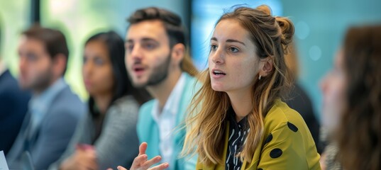 Obraz premium Business Professionals Practicing Public Speaking Skills in Corporate Training Workshop