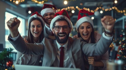 Energetic group of diverse coworkers celebrating Christmas party, wearing festive Santa hats, surrounded by holiday lights, exuding teamwork spirit and festive cheer.