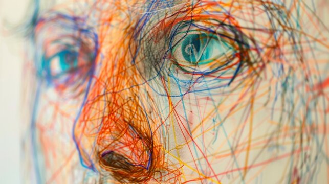 A vibrant abstract portrait created with dynamic, colorful lines.