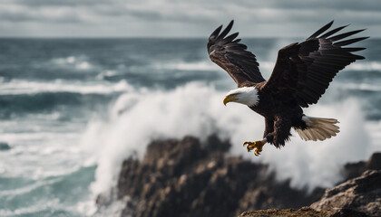 Obraz premium A bald eagle soaring above a rugged coastline, with crashing waves below. 