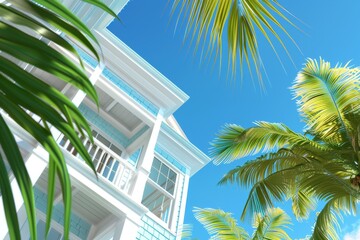 Fototapeta premium A wooden house tower surrounded by a modern architecture design by the ocean at the beach, nobody in Florida can see the view during a sunny day