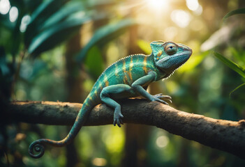 A chameleon blending into the vibrant foliage of a tropical rainforest, with beams of sunlight filte
