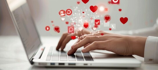 Man typing on laptop to work on futuristic social media marketing icon for internet network technology and business concept.