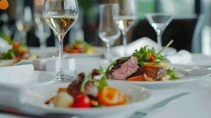 Beautifully plated gourmet dishes on a luxurious white tablecloth, highlighting culinary elegance. 32k, full ultra HD, high resolution