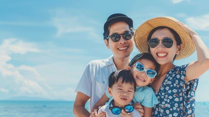 Portrait of a Japanese Asian family on holidays at the beach with beautiful blue sky and copy space
