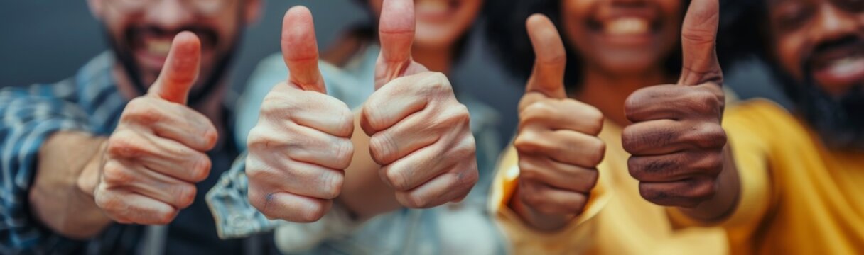 Various ethnically diverse people raising their thumbs at the camera as a gesture of recommendation or good choice. A professional multicultural team confirms satisfaction by raising their thumbs.