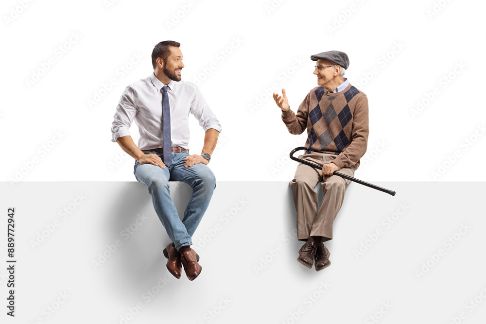 Wall mural Businessman and an elderly man sitting on a panel and discussing