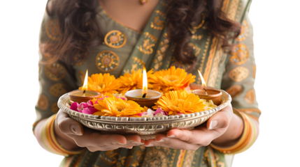 Woman holding a thali plate with diya and garland, Diwali, Indian culture, arti ceremony, traditional festival, festive celebration, png file, isolated on white