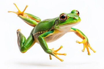 Fototapeta premium Vibrant green frog in mid-air, legs fully extended, showcasing impressive jumping ability, isolated on pure white, capturing dynamic movement and effortless elegance.