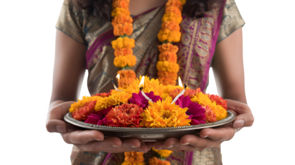 Woman holding a thali plate with diya and garland, Diwali, Indian culture, arti ceremony, traditional festival, festive celebration, png file, isolated on white