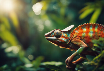 A chameleon blending into the vibrant foliage of a tropical rainforest, with beams of sunlight filte
