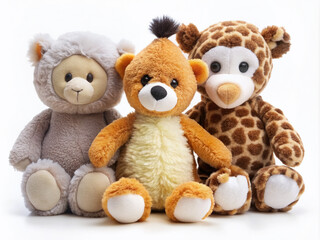 Three adorable stuffed animal friends, a penguin, giraffe, and teddy bear, sit together in a row on a clean white background, showcasing childhood innocence.