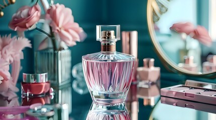 An elegant pink perfume bottle placed on a dressing table, surrounded by beauty products.