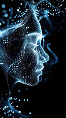 An abstract digital art of a human face profile composed of glowing blue dots and lines, resembling a futuristic, high-tech visualization on a dark background