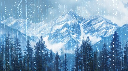 A snow-covered mountain range with a digital overlay of blue lines and dots. Pine trees stand in the foreground.
