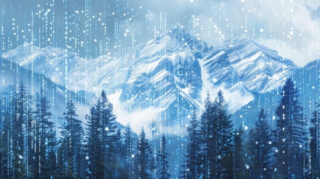 A snow-covered mountain range with a digital overlay of blue lines and dots. Pine trees stand in the foreground. - Powered by Adobe