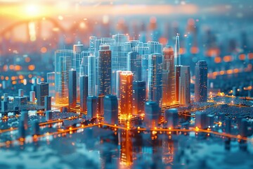 Obraz premium Digital Cityscape With Illuminated Skyscrapers at Sunset
