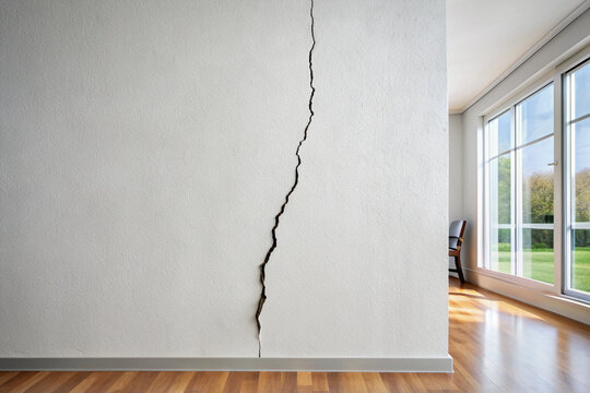 White wall in a new house with a long crack or tear, structural damage