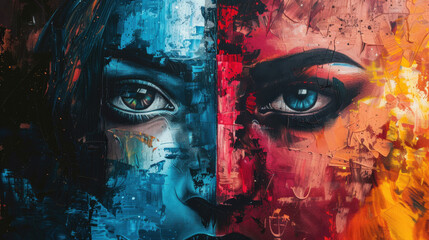 canvas split into two halves with contrasting colors and styles, symbolizing the division of realities and the dual experiences of schizophrenia