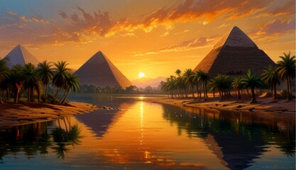 Breathtaking Landscape of Ancient Egypt with Pyramids and the Nile River at Sunset in Hyper-Realistic Oil on Canvas