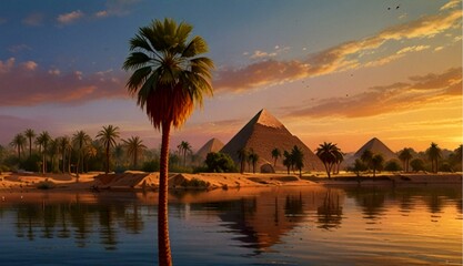 Breathtaking Landscape of Ancient Egypt with Pyramids and the Nile River at Sunset in Hyper-Realistic Oil on Canvas