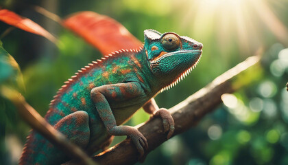 A chameleon blending into the vibrant foliage of a tropical rainforest, with beams of sunlight filte

