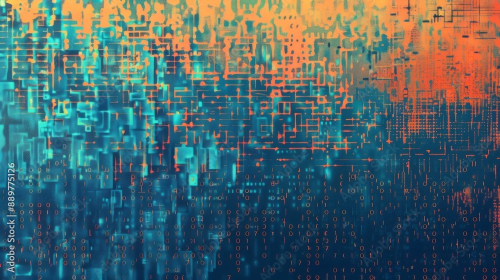Poster A digital abstract pattern with binary code in orange and blue hues.