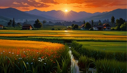 Vibrant Oil on Canvas Capturing Sunset at Serene Rice Fields Near a Quaint Village
