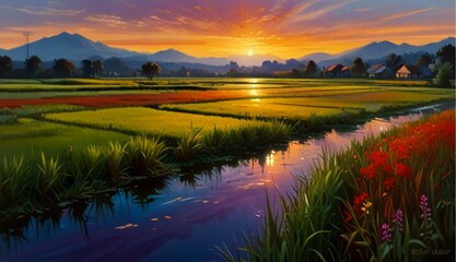 Vibrant Oil on Canvas Capturing Sunset at Serene Rice Fields Near a Quaint Village