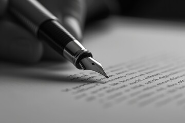 Fototapeta premium A fountain pen rests on a page of handwritten text, its nib poised above the words, ready to continue a story