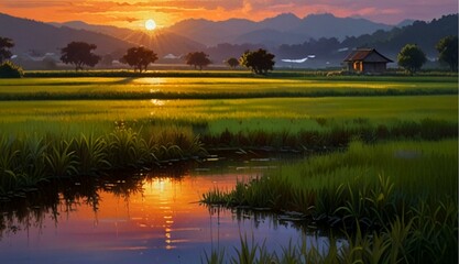 Vibrant Oil on Canvas Capturing Sunset at Serene Rice Fields Near a Quaint Village