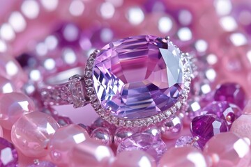 A close-up of a large amethyst ring, set in silver, with smaller gemstones surrounding the main stone