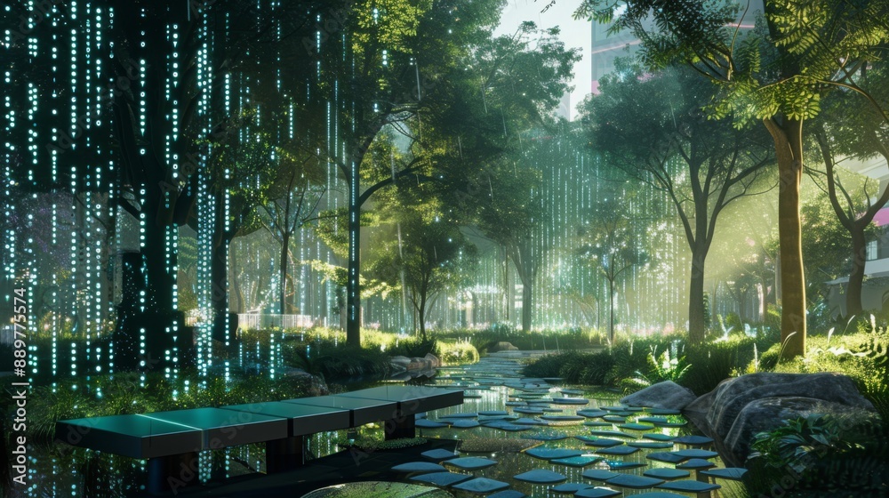 Aufkleber a tranquil urban park at dusk features trees illuminated with glowing lights. a wooden bench sits by