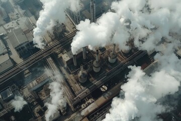 A sprawling industrial complex with smokestacks billowing white plumes into the sky, viewed from above