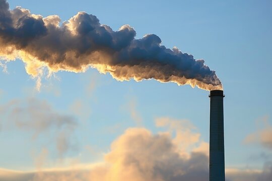 A tall smokestack releases a thick plume of smoke against a backdrop of a colorful sunset sky