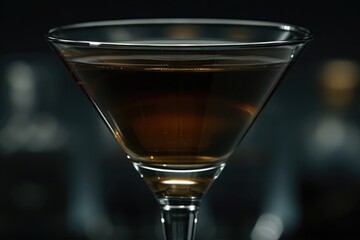 A martini glass filled with amber liquid, the surface reflecting the soft glow of surrounding lights