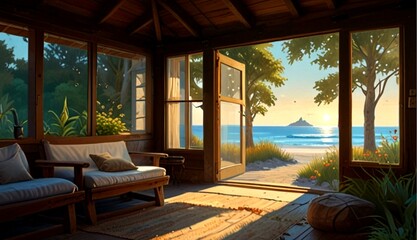 Serene Summer Cabin by the Beach in Vibrant Oil Paints, Radiating Coziness and Tranquility