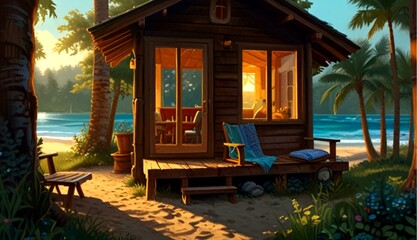 Serene Summer Cabin by the Beach in Vibrant Oil Paints, Radiating Coziness and Tranquility