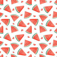 Juicy watermelon slices and small hearts seamless pattern. Summer fruit flat vector illustration. Tropical fruit background for baby fabric, kids textile, packaging, wrapping, scrapbook, wallpaper.