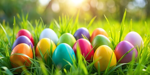 Colorful Easter eggs hidden in lush green grass , Easter, eggs, hunt, spring, holiday, decoration, vibrant, colorful