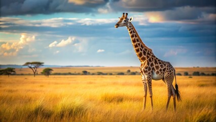 Obraz premium Tall and graceful giraffe standing in a savanna field, Wildlife, African, Safari, Tall, Neck, Spots, Grazing
