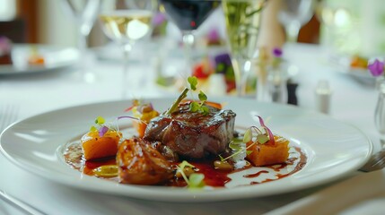 Beautifully plated gourmet dishes on a luxurious white tablecloth, highlighting culinary elegance. 32k, full ultra HD, high resolution