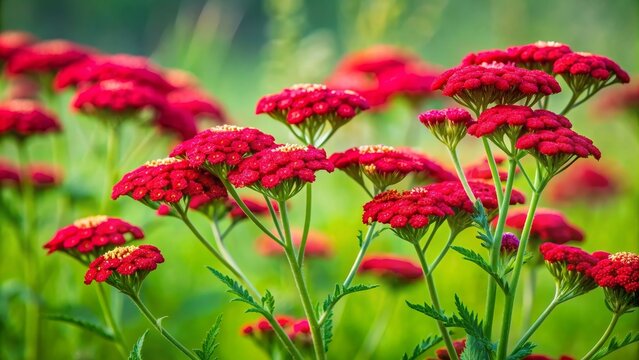 Clusters of bright red yarrow flowers against green grass, summer, nature, vibrant, colorful, meadow, floral, plant