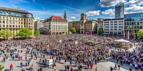 A demonstration or strike event in a city square, protest, activism, picket, rally, demonstration, political, social, movement