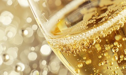 A close up of bubbles in a glass of liquid.