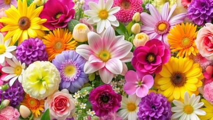 Background of various spring bloomers in vibrant shades of pink, yellow, purple, and white, spring, bloomers, flowers, colorful