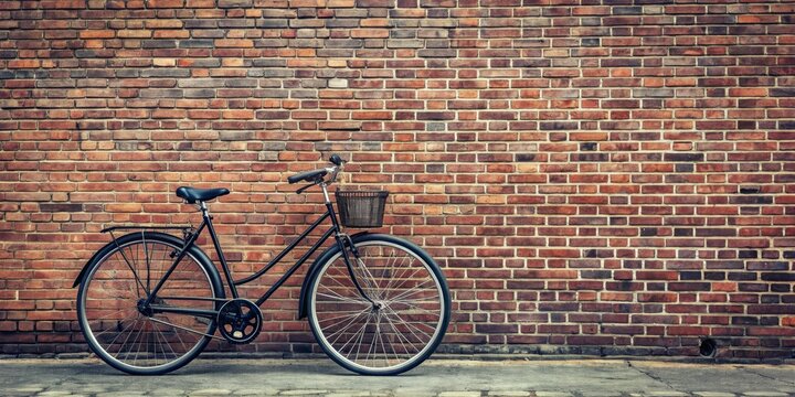 Black bicycle parked against a brick wall , transportation, bike, urban, cycling, black, vintage, retro, old, city