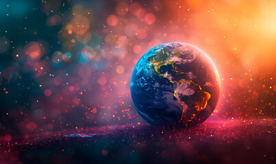 Obraz premium A vibrant Earth surrounded by colorful bokeh and stars
