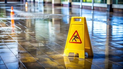 Caution sign on wet floor with warning slippery surface , caution, sign, wet, floor, warning, slippery, surface, safety