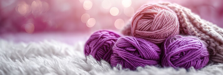 Pink and purple yarn balls on a soft, fluffy surface, conveying warmth and comfort. Concept for knitting, coziness, and Alzheimer's awareness